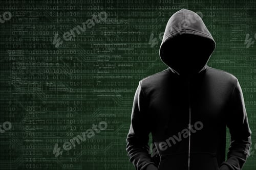 Preview: Computer Hacker In Mask And Hoodie Over Abstract Binary Background. Obscured Dark Face. Data Thief