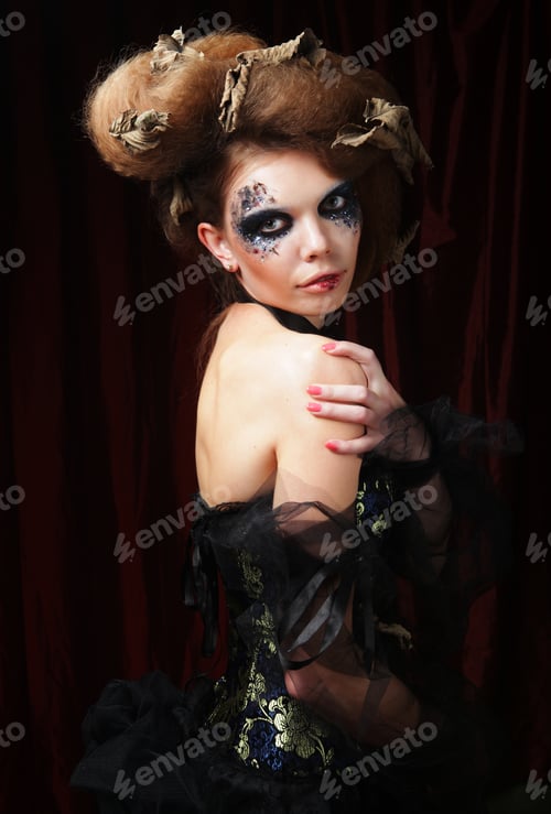 Preview: Halloween And Party Concept. Beautiful Gothic Princess. Young Woman Wearing Black Dress, With