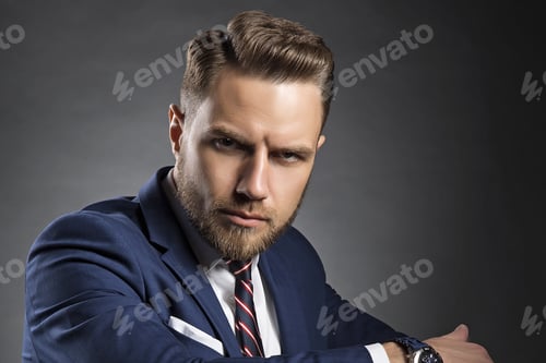 Preview: Young Handsome Bearded Caucasian Man With Blue Eyes Sitting On Chair. Perfect Skin And Hairstyle