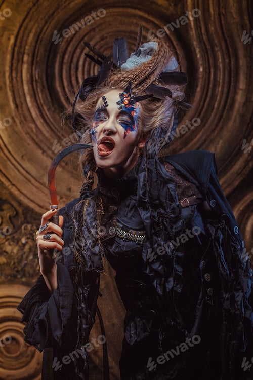 Preview: Young Witch Hloding Sickle. Bright Make Up, Skull, Smoke- Halloween Theme.