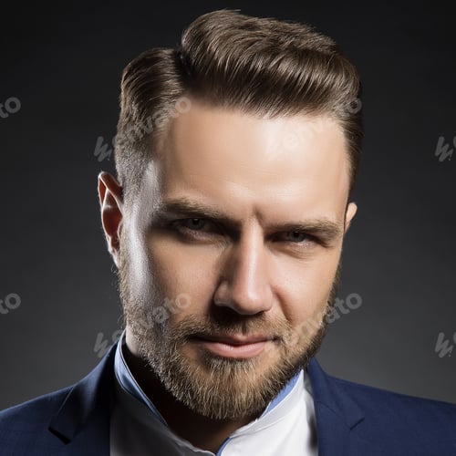 Preview: Portrait Of Handsome Stylish Caucasian Bearded Young Man In Elegant Blue Suit And White Shirt With
