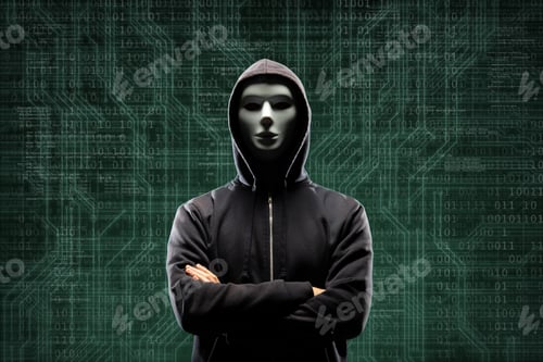 Preview: Computer Hacker In Mask And Hoodie Over Abstract Binary Background. Obscured Dark Face. Data Thief