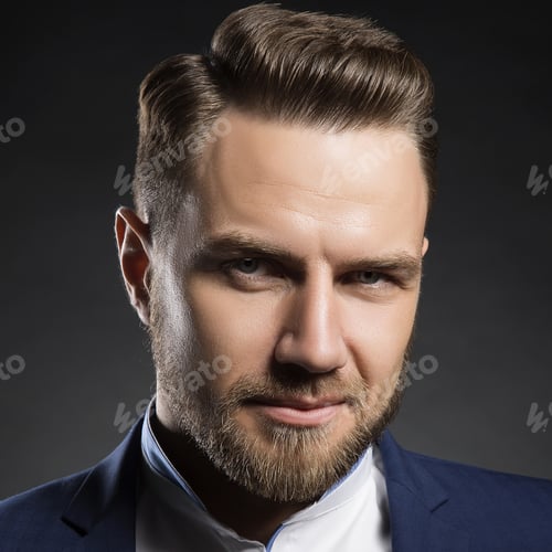 Preview: Handsome Stylish Bearded Young Man In Blue Suit And White Shirt With Perfect Hair Style Looking At