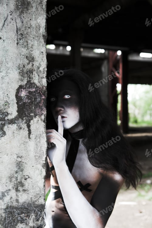 Preview: Man With Creative Face-Art. Cyber Zombi Style. Shot In Destroyed Building.