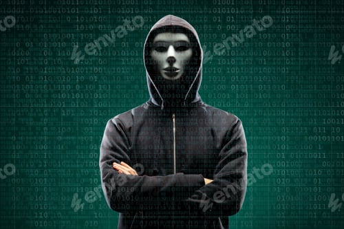 Preview: Computer Hacker In Mask And Hoodie Over Abstract Binary Background. Obscured Dark Face. Data Thief