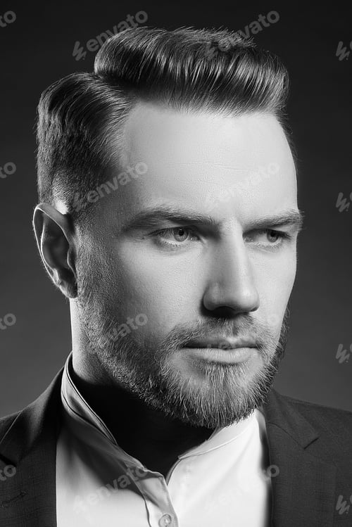 Preview: Portrait Of Handsome Stylish Caucasian Young Man In Elegant Blue Suit With Perfect Hair Style