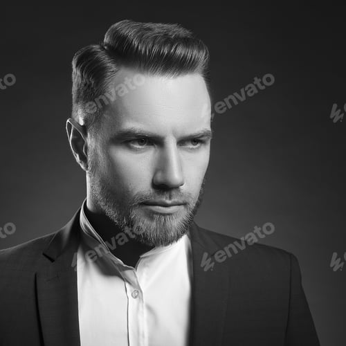 Preview: Portrait Of Handsome Stylish Caucasian Young Man In Elegant Blue Suit With Perfect Hair Style