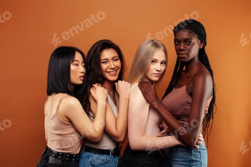 Preview: Young Pretty Caucasian, Afro, Scandinavian Woman Posing Cheerful Together On Brown Background