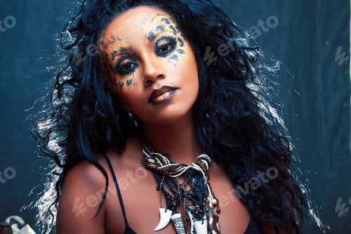 Preview: Beauty Afro Girl With Cat Make Up, Creative Leopard Print On Face Closeup Halloween Woman