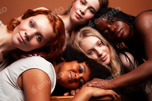 Preview: Young Pretty Caucasian, Afro, Scandinavian Woman Posing Cheerful Together On Brown Background
