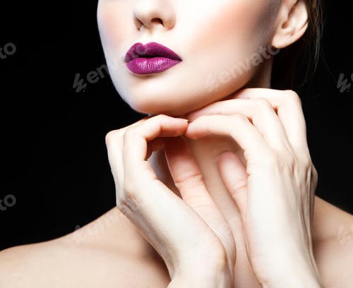 Preview: Bright Purple Lips, Hands With Neck, Neck And Shoulder Of Young Model Woman. Perfect Skin, Bright