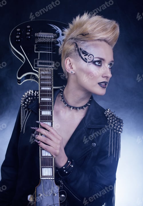 Preview: Fashion Rocker Style Model Girl Portrait. Hairstyle. Punk Woman Makeup, Hairdo And Black Nails