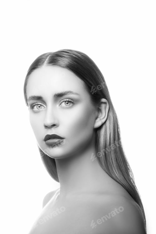 Preview: Beautiful Young Woman With Red Cherry Marsala Lips Makeup, Clean Skin. Portrait On White