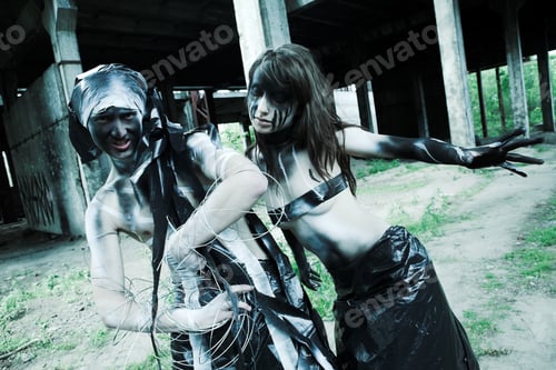 Preview: Two People With Creative Face-Art.Shooting In The Destroyed Building