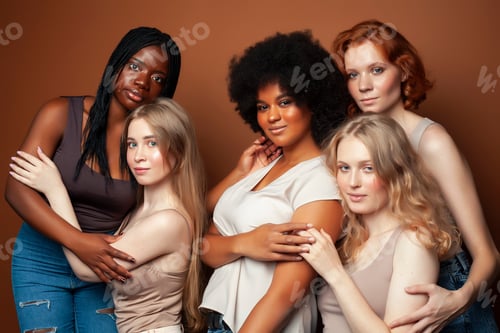 Preview: Young Pretty Caucasian, Afro, Scandinavian Woman Posing Cheerful Together On Brown Background