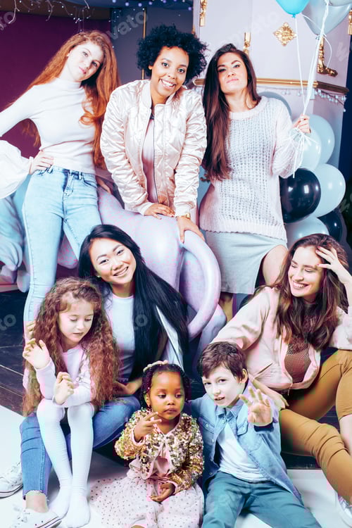Preview: Lifestyle And People Concept: Young Pretty Diversity Nations Woman With Different Age Children