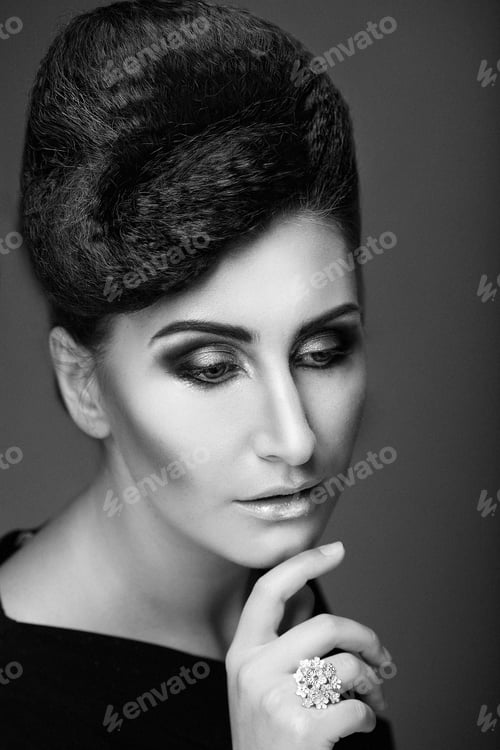 Preview: Beauty Portrait. Hairstyle. Black And White Picture.