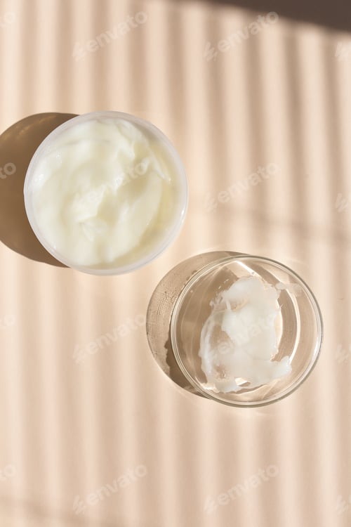 Preview: Natural Ecofriendly Handmade Facial Cream In White Jar, Striped Shadow Background.