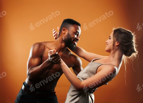 Preview: Young Pretty Couple Diverse Races Together Posing Sensitive On Brown Background, Lifestyle People