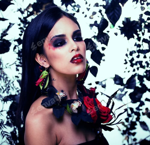 Preview: Pretty Brunette Woman With Rose Jewelry, Black And Red, Bright M