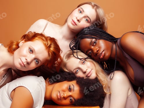 Preview: Young Pretty Caucasian, Afro, Scandinavian Woman Posing Cheerful Together On Brown Background