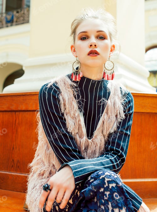 Preview: Young Attractive Fashion Lady On Railway Station Waiting, Vintag