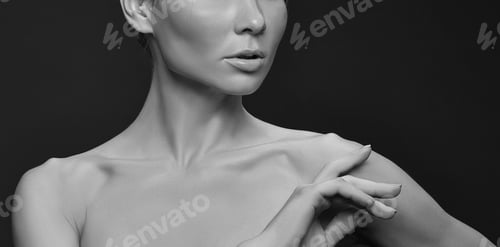Preview: Close-Up Lips And Shoulders Of Caucasian Blonde With Two Blue Lips And Perfect Skin Isolated On