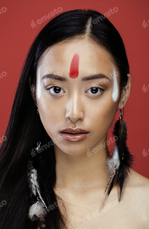 Preview: Beauty Young Asian Girl With Make Up Like Pocahontas, Red Indians Woman Fashion, Close Up Beauty