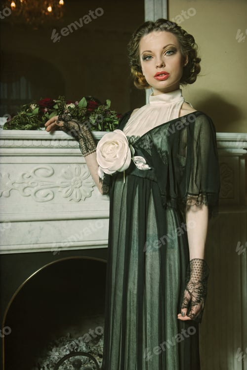 Preview: Beautiful Woman Portrait In Classic Interior. Vintage Processing.