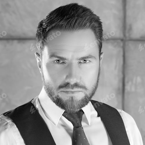 Preview: Portrait Of Handsome Stylish Bearded Young Man In Elegant Blue Suit With Vest And Perfect Hair