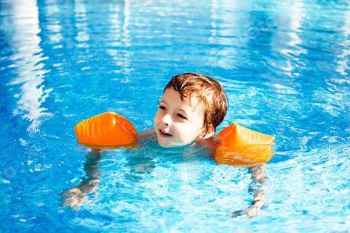 Preview: Little Cute Real Boy In Swimming Pool Close Up Smiling, Lifestyl