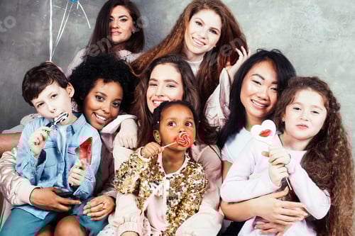 Preview: Lifestyle And People Concept: Young Pretty Diversity Nations Woman With Different Age Children