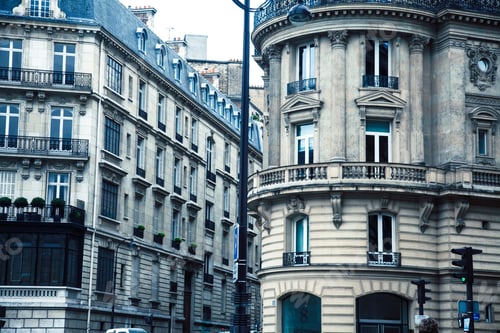 Preview: Houses On French Streets Of Paris. Citylife Concept, Black Balcony Lace