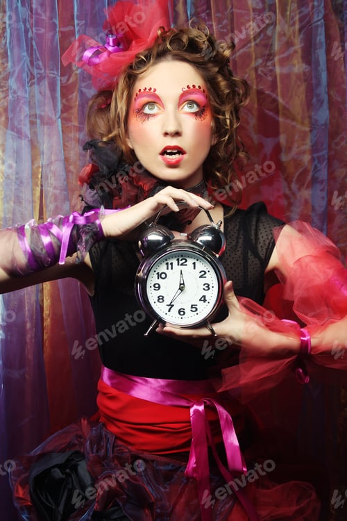 Preview: Young Woman With Creative Make-Up In Doll Style With Watch