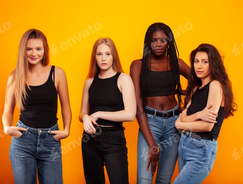 Preview: Diverse Multi Nation Girls Group, Teenage Friends Company Cheerful Having Fun, Happy Smiling, Cute