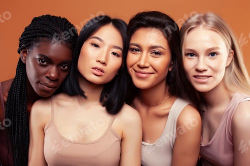 Preview: Young Pretty Asian, Caucasian, Afro Woman Posing Cheerful Together On Brown Background, Lifestyle