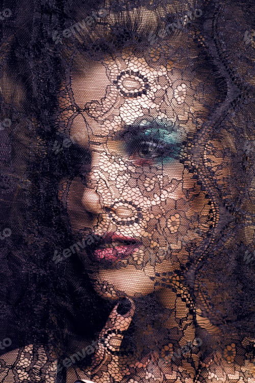 Preview: Portrait Of Beauty Young Woman Through Lace Close Up Mistery Mak