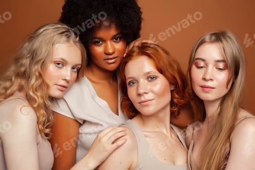 Preview: Young Pretty Caucasian, Afro, Scandinavian Woman Posing Cheerful Together On Brown Background