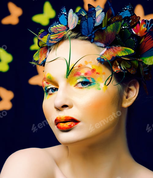 Preview: Woman With Summer Creative Make Up Like Fairy Butterfly Closeup Bright Colored Background