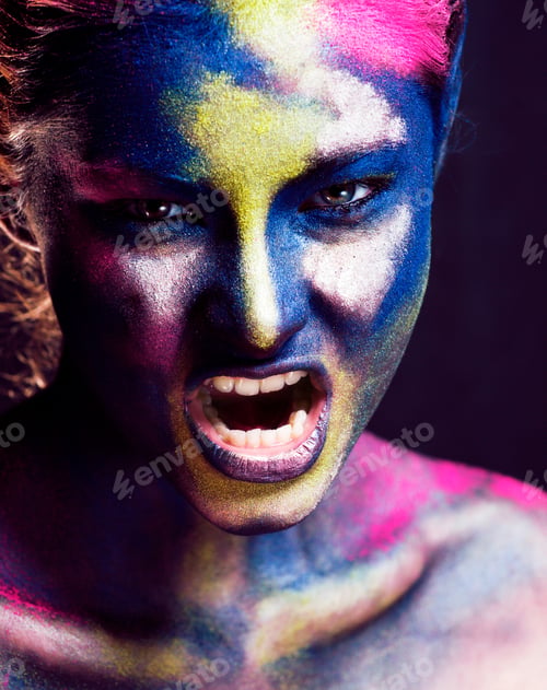 Preview: Beauty Woman With Creative Make Up Like Holy Celebration In India Closeup