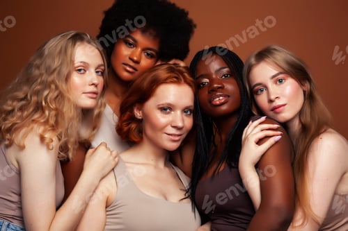 Preview: Young Pretty Caucasian, Afro, Scandinavian Woman Posing Cheerful Together On Brown Background