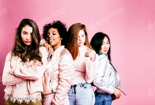 Preview: Different Nation Girls With Diversuty In Skin, Hair. Asian, Scandinavian, African American Cheerful