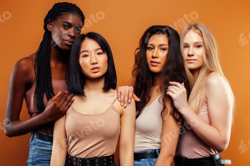Preview: Young Pretty Asian, Caucasian, Afro Woman Posing Cheerful Together On Brown Background, Lifestyle