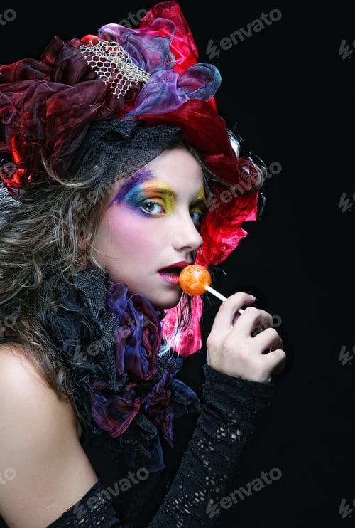 Preview: Girl With With Creative Make-Up Holds Lollipop. Doll Style.