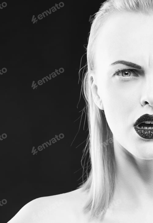 Preview: Beauty Face Of Caucasian Blonde Woman With Party Make Up And Hair Style. Glamour Sparkle Black
