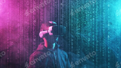 Preview: Portrait Of A Man In Virtual Reality Helmet Over Abstract Digital Background. Obscured Dark Face In