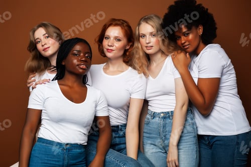 Preview: Young Pretty Caucasian, Afro, Scandinavian Woman Posing Cheerful Together On Brown Background