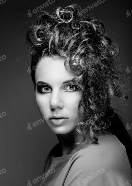 Preview: Beauty Portrait. Hairstyle. Black And White Picture.