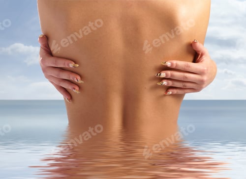 Preview: Naked Female Back And Fingers With Bright Manicure Isolated On White
