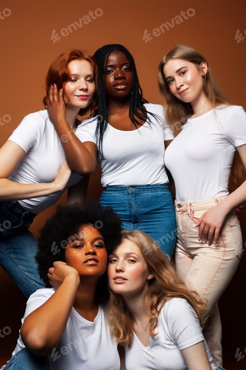 Preview: Young Pretty Caucasian, Afro, Scandinavian Woman Posing Cheerful Together On Brown Background